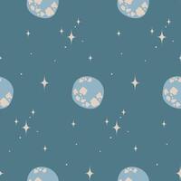 Seamless background with stars and moon or planet on blue. pattern. Wrapping paper. vector