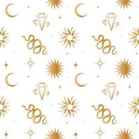 Seamless background with esoteric gold symbols. pattern with stars, snakes, crystal, sun, moon, diamond. Wrapping paper. vector