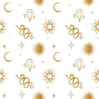 Seamless background with esoteric gold symbols. pattern with stars, snakes, crystal, sun, moon, diamond. Wrapping paper. vector