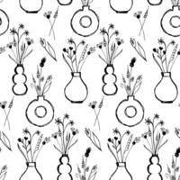 Seamless background with hand-drawn vases and flowers. Pattern with contour ink silhouettes vector