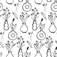 Seamless background with hand-drawn vases and flowers. Pattern with contour ink silhouettes vector