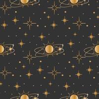 Seamless background with gold stars and suns. Galaxy pattern. Wrapping paper. vector