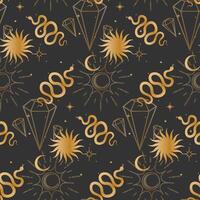 Seamless background with esoteric gold symbols. pattern with stars, snakes, crystal, sun, moon, diamond. Wrapping paper. vector