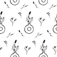 Seamless background with hand-drawn vase and flowers. Pattern with contour ink silhouettes vector