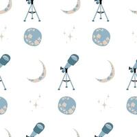 seamless pattern with telescope, moon and stars. Childrens print with a space observatory. Background vector