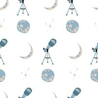 seamless pattern with telescope, moon and stars. Childrens print with a space observatory. Background vector