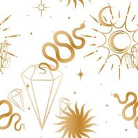 Seamless background with esoteric gold symbols. pattern with stars, snakes, crystal, sun, moon, diamond. Wrapping paper. vector