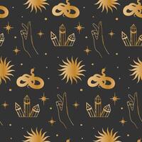 Seamless background with esoteric gold symbols. pattern with stars, snakes, crystal, sun, hand. Wrapping paper. vector