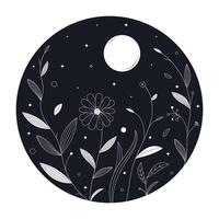 Flowers and moon in mono line style art for badges, emblems, patches, t-shirts. Vector illustration