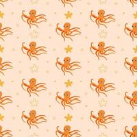 Cute orange octopus seamless pattern in cartoon style. For print, wrapping paper and wallpaper design. Vector illustration