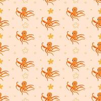 Cute orange octopus seamless pattern in cartoon style. For print, wrapping paper and wallpaper design. Vector illustration