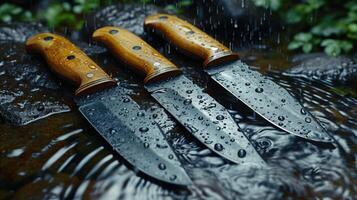 ai generado negro Damasco acero cuchillos en un de madera tablero en el lluvia foto