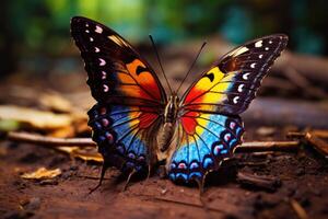 ai generado un grande de colores mariposa sentado en hojas, un hermosa insecto en sus natural habitat foto