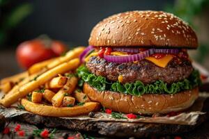 ai generado hamburguesa con tocino, carne, queso, Tomates y hierbas en el mesa. de cerca foto