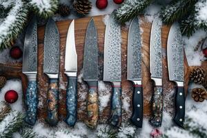 AI generated Top view of Damascus steel kitchen Knives on a wooden board photo