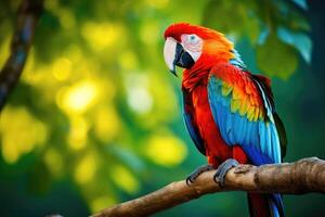 ai generado un escarlata guacamayo sentado en un rama. un representante de un grande grupo de neotropical loros llamado guacamayos foto