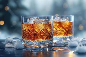 AI generated Glasses of whiskey with ice on the table photo