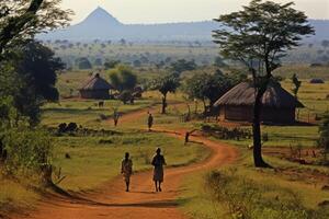 ai generado un africano aldea. personas caminando a lo largo el la carretera en África foto