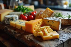 AI generated Slicing different cheeses lying on a wooden board against the background of the kitchen photo