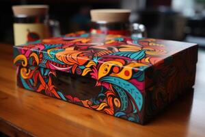 AI generated Colorful patterned coffee packaging stands on the table photo
