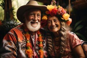 AI generated Portrait of a happy elderly couple on vacation in national costumes. Journey photo