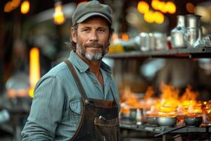 AI generated A man is a glassblower working in a glass factory where products are created manually photo