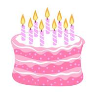 Pink cake with candles isolated on white. Vector illustration for cards and stickers