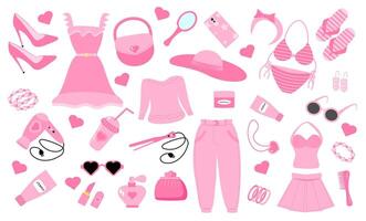 Glamorous trendy barbiecore set. Nostalgic pinkcore 2000s style vector