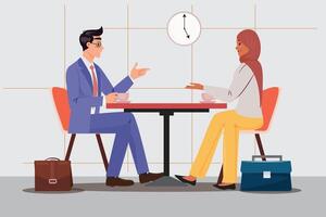 Man in a suit and a woman in a headscarf connect over coffee, exemplifying workplace diversity. Business, diversity, teamwork concept illustration vector