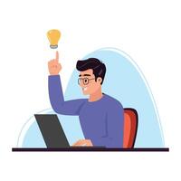 Man at the laptop with a raised index finger, lightening bulb above it as a symbol of idea. Business Concept Illustration vector