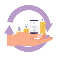 Hand holding coins engages in currency exchange through cutting-edge mobile technology vector