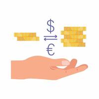 Hand holding diverse pile of coins, unity of euros and dollars in financial harmony. Currency exchange vector