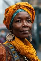 AI generated Close-up portrait of an elderly African-American woman on a city street photo