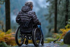 AI generated Portrait of an elderly disabled man in an autumn forest photo