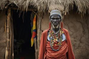 ai generado retrato de un africano masculino jefe en su africano aldea. África foto