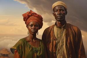 AI generated Portrait of an African couple of a man and a woman against the background of African nature. Mature African couple photo
