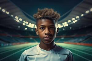 ai generado retrato de un africano fútbol americano jugador chico a un competencia en contra el antecedentes de un estadio foto