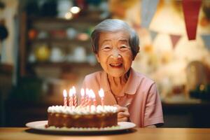 ai generado un mayor asiático mujer golpes fuera velas en un cumpleaños pastel en su hogar foto