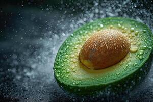 AI generated A green avocado cut in half and splashes of water on a dark background photo