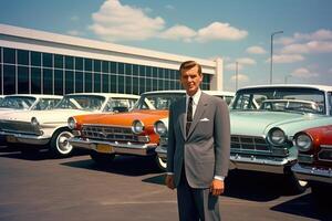 AI generated A man in a formal suit against the background of many old cars. Retro photography photo