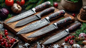 AI generated Top view of Damascus steel kitchen Knives on a wooden board photo