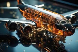 AI generated A large passenger airplane on an airport runway. Model airplane made of glass photo