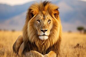 AI generated A large lion lying on the grass against the background of the savannah photo