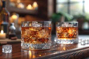 AI generated Glasses of whiskey with ice on the table photo