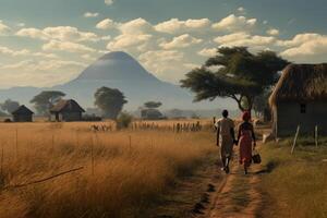 ai generado un africano aldea. personas caminando a lo largo el la carretera en África foto