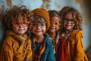 AI generated Four cheerful children in bright clothes and glasses are having fun spending their summer holidays outdoors photo