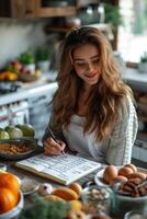 AI generated Nutritionist girl makes notes in a notebook about healthy eating with a bunch of vegetables and fruits on the table photo