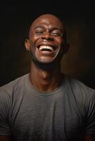 ai generado retrato de un alegre africano en de cerca en un negro antecedentes en el estudio foto