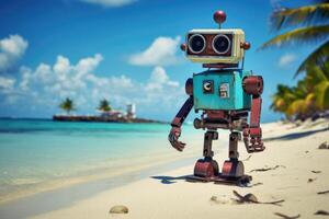 AI generated The robot is resting at a resort in a tropical paradise. The robot is sunbathing on a sunny beach near the sea. Animation photo