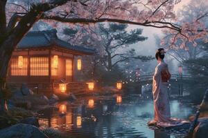 AI generated Asian girl of Japanese nationality in a national costume on the background of a Japanese garden photo